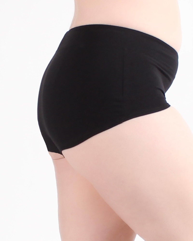 Front of a model wearing a size 2X Lux Cotton High Waist Boyshort Brief in Black by Undersummers. | dia_product_style_image_id:243574